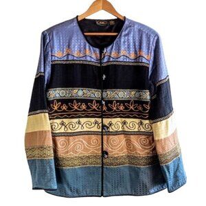 Vintage Allure Blue Tan Cotton Jacquard Metallic Embroidered Jacket